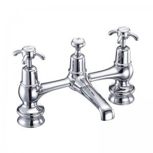 Burlington ANR10 Anglesey Regent Bridge Basin Mixer with Plug & Chain Waste & Swivel Spout Chrome (White Indicies)