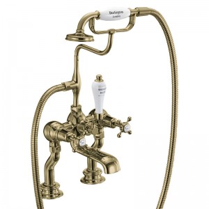 Burlington CLR15QTGOLD Claremont Regent Quarter Turn Deck Mounted Bath Shower Mixer with S Adjuster Gold with White Indicies