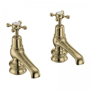 Burlington CLR2QTGOLD Claremont Regent Quarter Turn Basin Pillar Taps with 5(in) Nose Gold with White Indicies