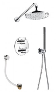 Flova LV3WPK1-RO-U Levo Round 3-Outlet Thermostatic Shower Valve with Fixed Head/Handshower Kit and Bath Overflow Filler Chrome