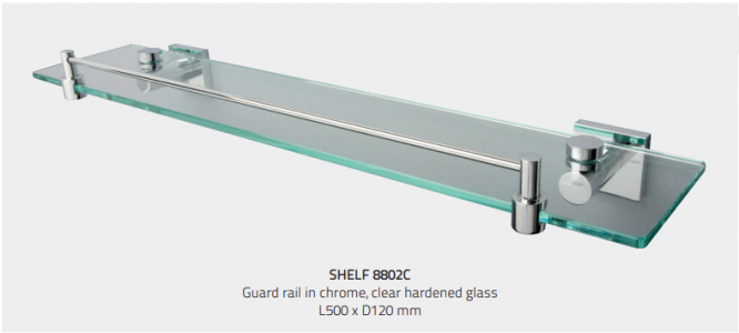 Miller 8802C Atlanta Clear Glass Shelf with Guard Rail 500mm Chrome